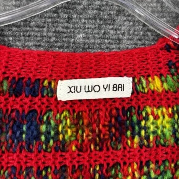 Red Rainbow Fringe Cropped Cardigan Sweater Womens Medium Boho Hippie - Picture 5 of 11